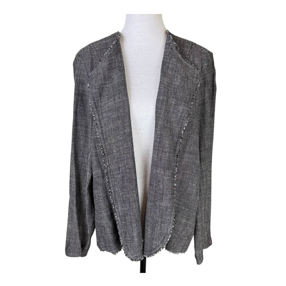 Eileen Fisher Black & White Woven Linen Blend Fringe Open Front Jacket Cardigan